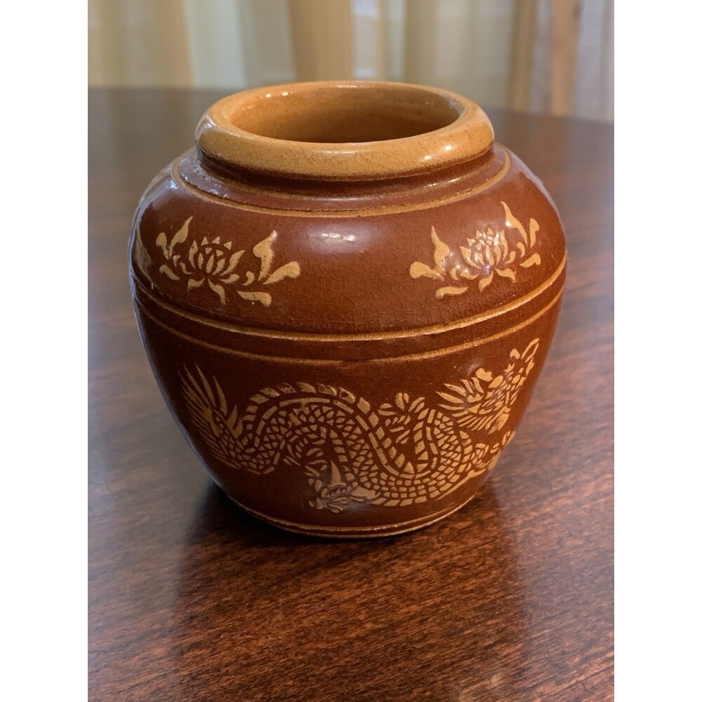 Vtg Glazed Ceramic Dragon Jar Folk Pottery Clay Pot Vase Thai Culture Marked